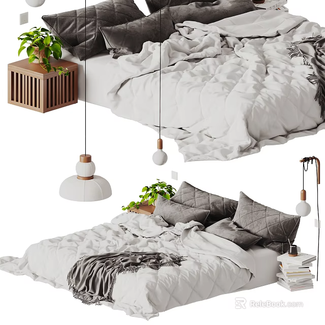 Double Bed With White Quilt Gray Pillows Hanging Pendant Lights Green Plants Wooden Side Table 3d model 