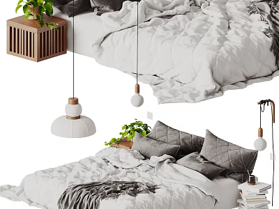 Double Bed With White Quilt Gray Pillows Hanging Pendant Lights Green Plants Wooden Side Table 3d model