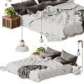 Double Bed With White Quilt Gray Pillows Hanging Pendant Lights Green Plants Wooden Side Table