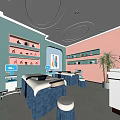 Modern Beauty Salon Spa Interior With Blue Treatment Beds Equipment Shelves And Pink Light Green Walls