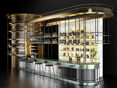 Modern Bar Interior With Curved Counter Stools And Shelves Filled With Bottles 3d model
