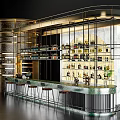 Modern Bar Interior With Curved Counter Stools And Shelves Filled With Bottles