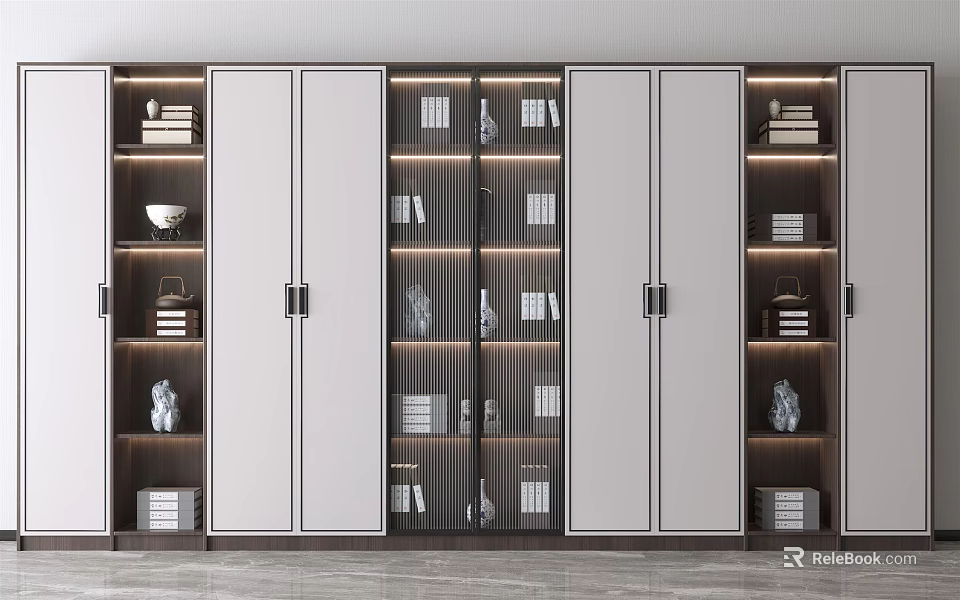 Modern Bookcase Interior Design With Glass Doors And Storage For Books Decorative Items 3d model 