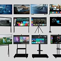 Modern TVs With Tripod And Mobile Stands Displaying Scenic Views And App Interfaces