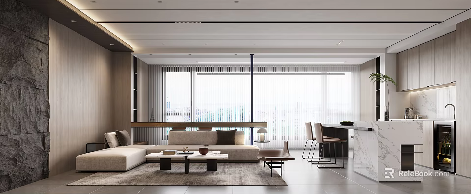 Modern Living and Dining Area Interior With Sofa Coffee Table Dining Set And Large Windows 3d model