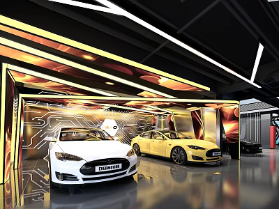Modern 4S Car Dealership Showroom Featuring Displayed White And Yellow Vehicles With Modern Lighting 3d model