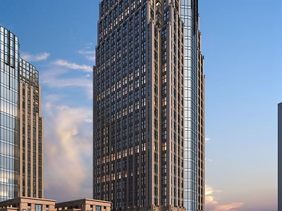 Modern High Rise Office Building With Glass Facade And Illuminated Windows At Sunset 3d model
