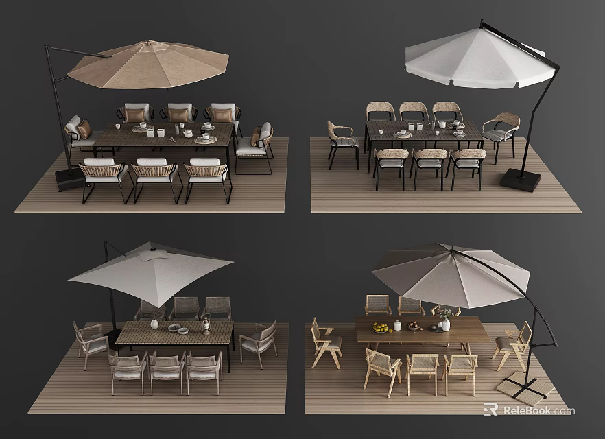 Outdoor Dining Table Set With Umbrella And Wooden Chairs For Patio Use 3d model 