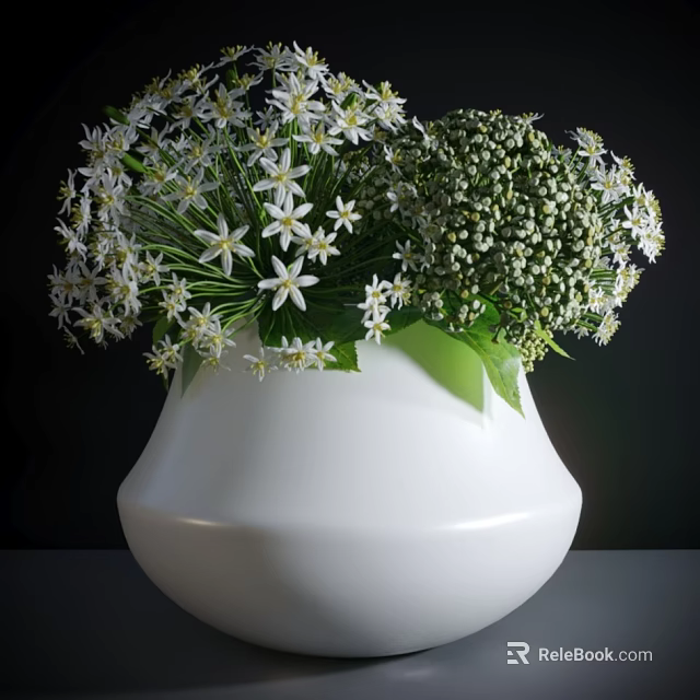 Elegant White Vase With White Small Flowers And Green Foliage Arrangement 3d model 