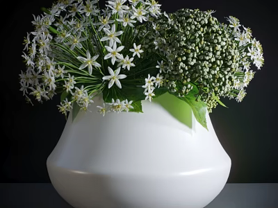 Elegant White Vase With White Small Flowers And Green Foliage Arrangement 3d model