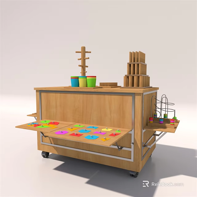 Wooden Kids Activity Cart with Colorful Puzzle Pieces Building Blocks Toy Containers and Storage Shelves 3d model 