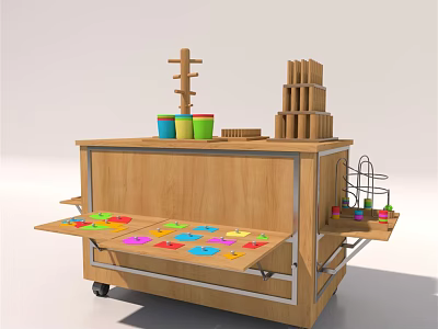 Wooden Kids Activity Cart with Colorful Puzzle Pieces Building Blocks Toy Containers and Storage Shelves 3d model