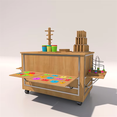 Wooden Kids Activity Cart with Colorful Puzzle Pieces Building Blocks Toy Containers and Storage Shelves 3d model