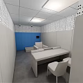 Minimalist Lounge Area Interior With White Table Chairs Blue Wall And Perforated Panels