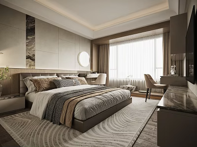 Modern Bedroom Interior Design With Large Bed Patterned Rug Window Curtains Dressing Table And TV 3d model