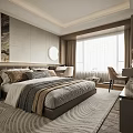 Modern Bedroom Interior Design With Large Bed Patterned Rug Window Curtains Dressing Table And TV
