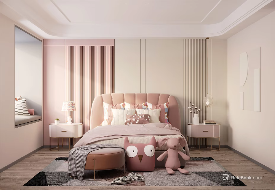 Pink Kids Room Interior With Upholstered Headboard Stuffed Toys Nightstands And Rug 3d model 
