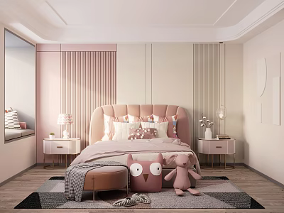 Pink Kids Room Interior With Upholstered Headboard Stuffed Toys Nightstands And Rug 3d model