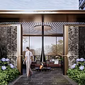 Modern Garden Landscape With Wooden Pavilion Greenery Lawn Water Feature Lounge Chairs And High-Rise Backdrop