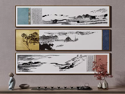 Traditional Chinese Landscape Paintings With Calligraphy Hanging On Wall And Tea Set Decor 3d model
