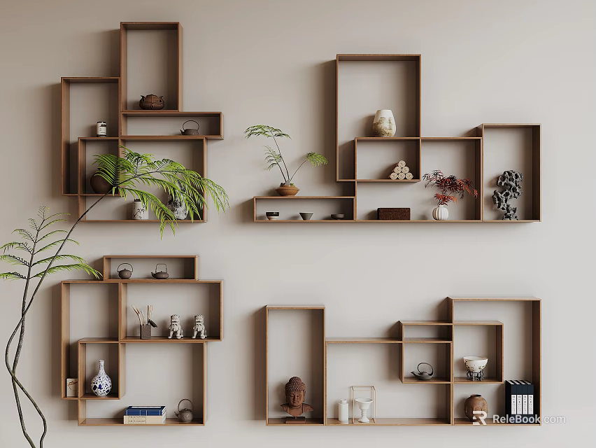 Modern Geometric Wooden Wall Mounted Shelving with Decorative Plants Figurines and Books 3d model 