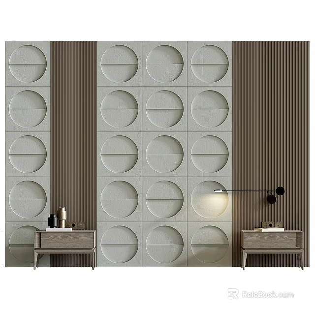 Modern Bedroom Accent Wall With Circular Patterns And Stripes 3d model