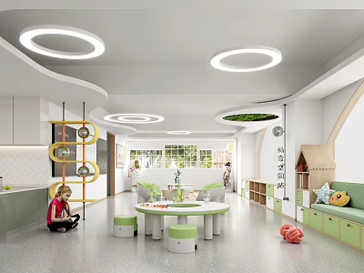 Bright Kindergarten Interior With Circular Lights Green Furniture And Children Playing 3d model