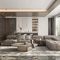 Modern Living Room Interior Design With Gray Sofa Checkered Pillows Green Plants And Stuffed Toy