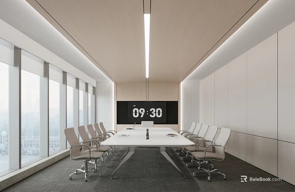 Modern Minimalist Conference Room With Long Table Chairs Large Screen Time Display And Floor-to-Ceiling Windows 3d model 