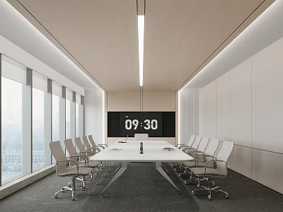 Modern Minimalist Conference Room With Long Table Chairs Large Screen Time Display And Floor-to-Ceiling Windows 3d model