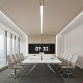 Modern Minimalist Conference Room With Long Table Chairs Large Screen Time Display And Floor-to-Ceiling Windows