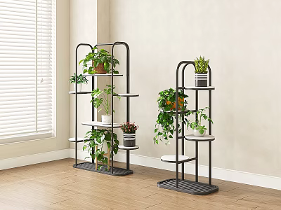 Modern Indoor Potted Plants on Multi Tiered Black Metal Plant Stands in Living Room 3d model