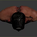 Red And Black Mechanical Bust Sculpture With Mask Design And Intricate Details