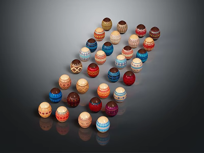 Colorful Painted Easter Eggs With Various Patterns Arranged In Curved 3d model