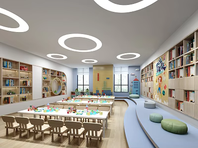 School Learning Space With Wooden Bookshelves Circular Lights And Student Activity Tables 3d model