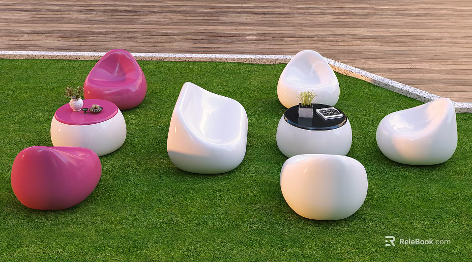 Pink And White Round Leisure Sofa Set With Small Tables On Outdoor Grass Lawn 3d model 