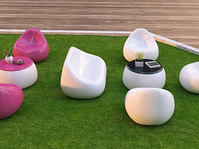 Pink And White Round Leisure Sofa Set With Small Tables On Outdoor Grass Lawn 3d model