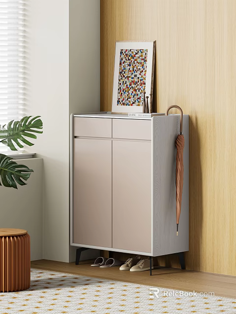 Modern Light Grey Shoe Cabinet With Colorful Photo Frame Umbrella And Green Plant 3d model 