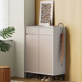 Modern Light Grey Shoe Cabinet With Colorful Photo Frame Umbrella And Green Plant