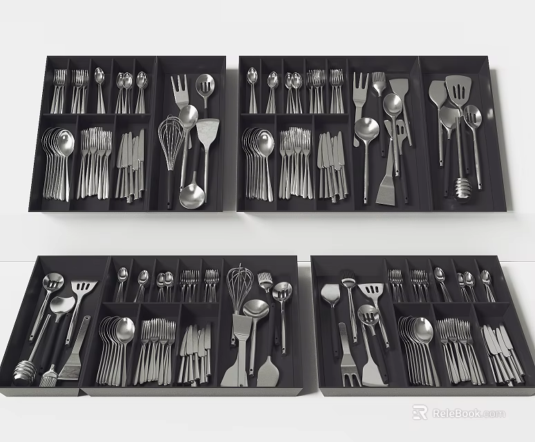 Various Kitchen Utensils Neatly Arranged in Black Boxes with Spoons Forks and Whisks 3d model 