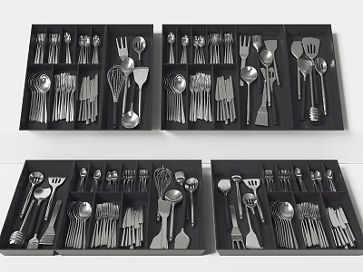 Various Kitchen Utensils Neatly Arranged in Black Boxes with Spoons Forks and Whisks 3d model