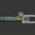 Sci Fi Weapon With Teal Metallic Body Yellow Stripe Circular Dial And Silver Mechanical Tip