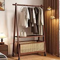 Wooden Ladder Clothes Rack With Hanging Clothes And Rattan Storage Basket