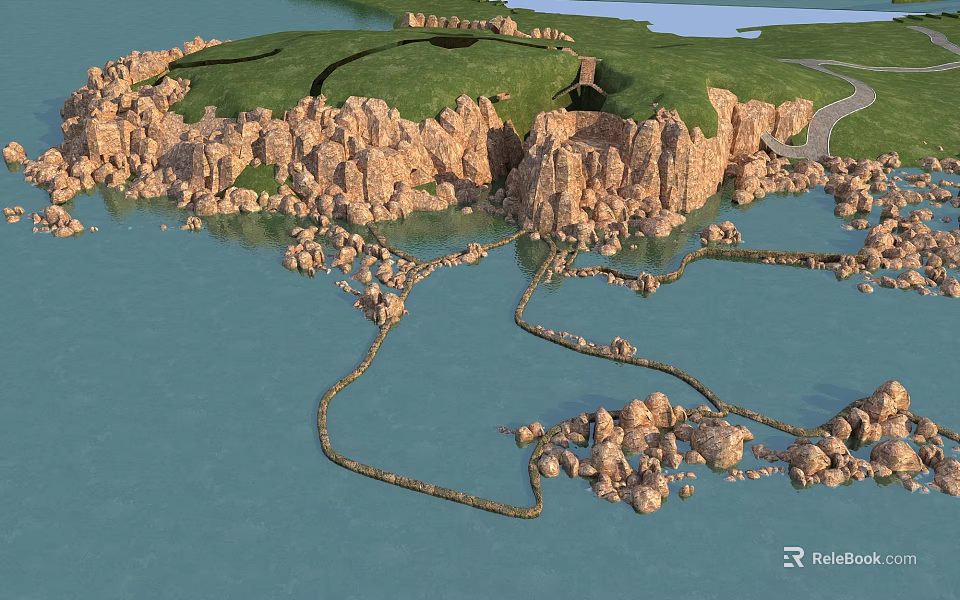 Stone And Wood Landscape Design With Rocky Shores And Wooden Walkways 3d model 