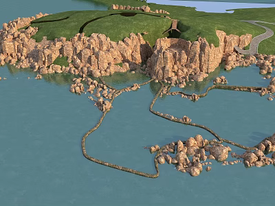 Stone And Wood Landscape Design With Rocky Shores And Wooden Walkways 3d model
