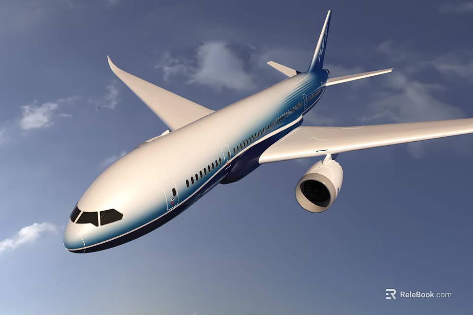 White And Blue Passenger Plane Flying With Wings And Engines In Blue Sky 3d model 