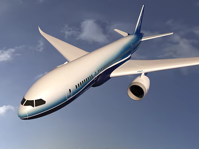 White And Blue Passenger Plane Flying With Wings And Engines In Blue Sky 3d model