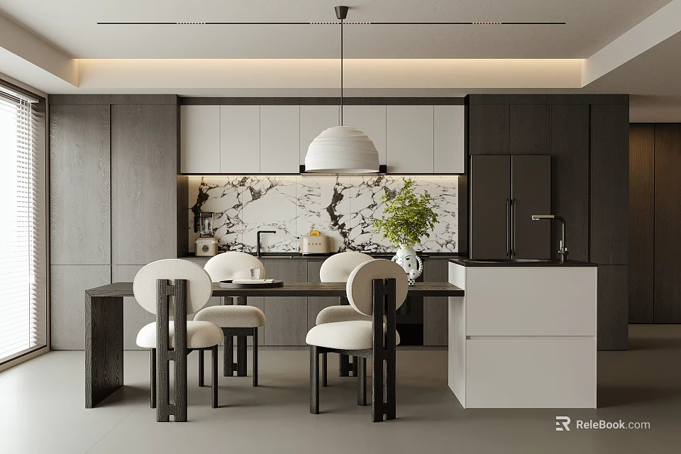 Modern Restaurant Interior With Dining Table Chairs Pendant Light And Marble Backsplash 3d model