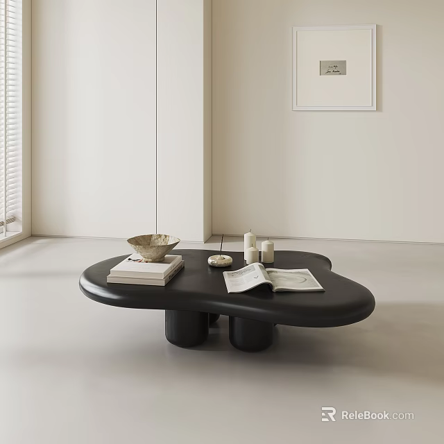 Black Organic Coffee Table with Open Magazine Books Bowl and Candles in Modern Living Room 3d model 