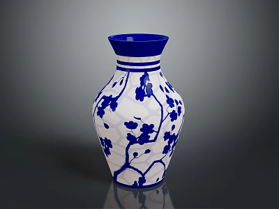 Intricately Carved Ceramic Vase With Blue And White Floral Branch Patterns 3d model